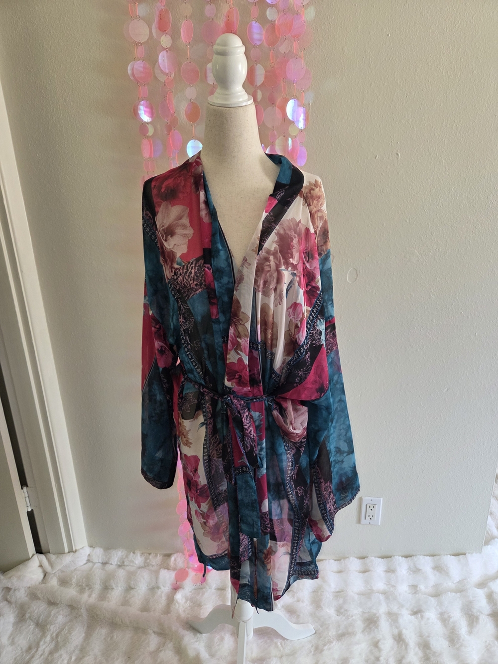 Cacique Floral Sheer Kimono Robe - Teal & Pink